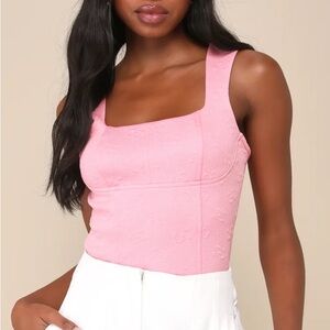 Lulu’s NEW Inspiring Always Pink Textured Bow Sleeveless Crop Top Sz Small